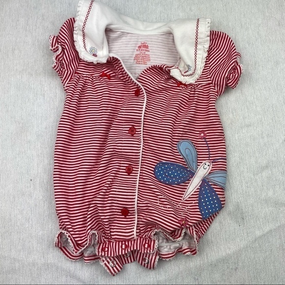 3/$15 Okie Dokie Red White Striped Romper With Collar Butterfly Size 6-9 months - Picture 2 of 5